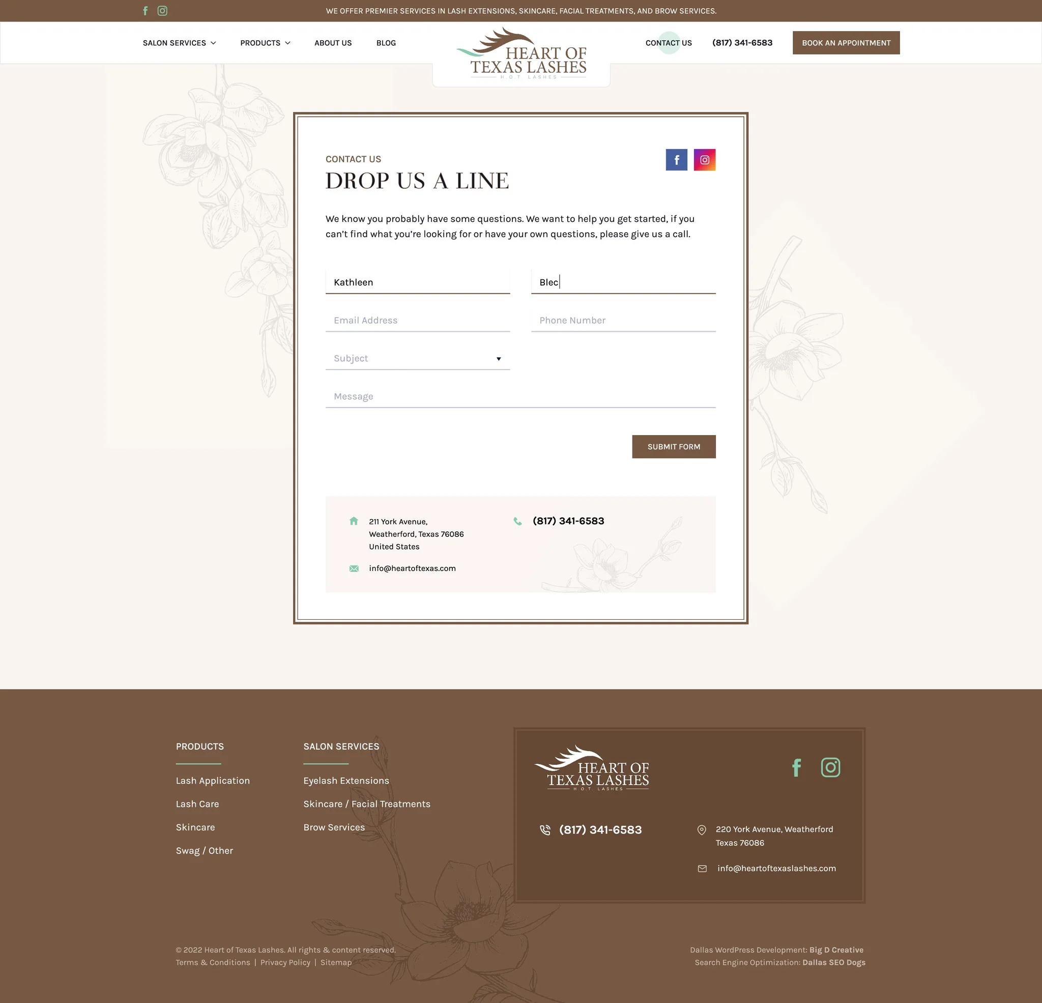 Heart of Texas Lashes website, Contact Us page