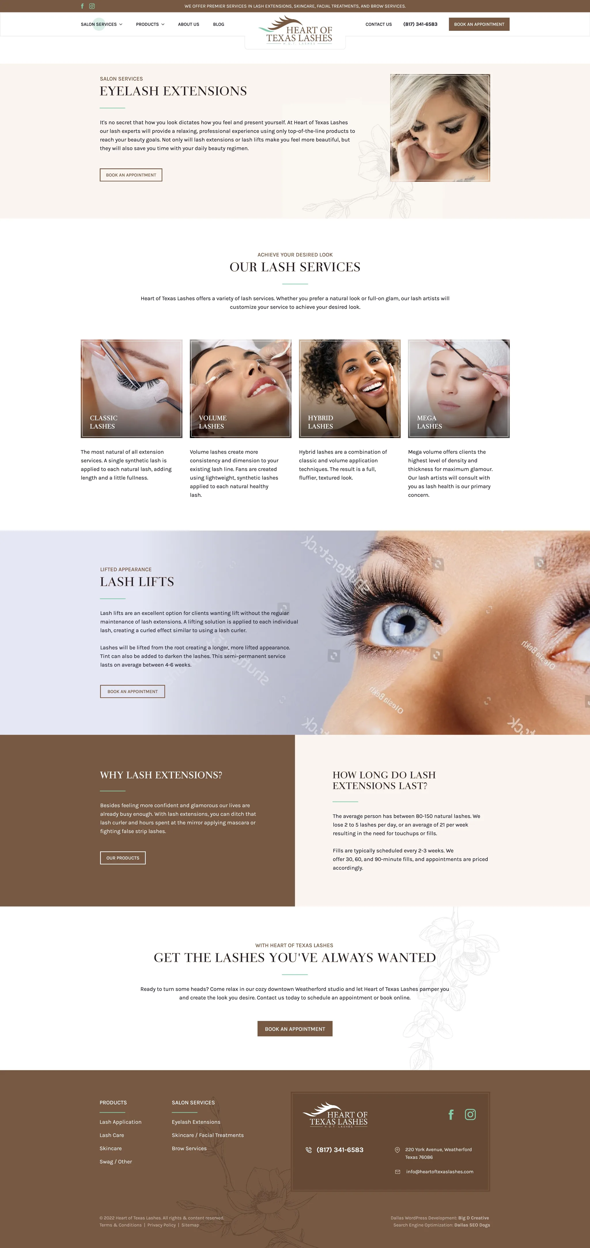 Heart of Texas Lashes website, Eyelash Extensions page