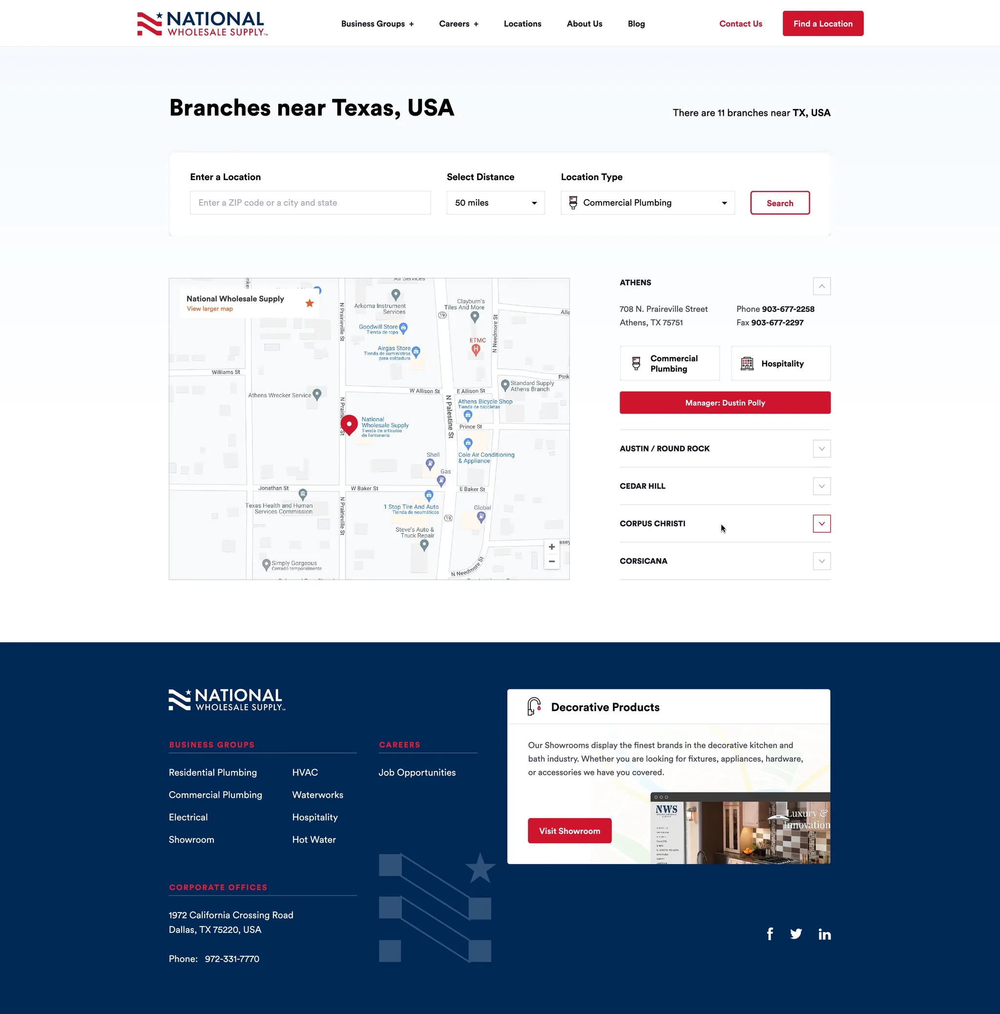 National Wholesale Supply website, Find a Location Results page