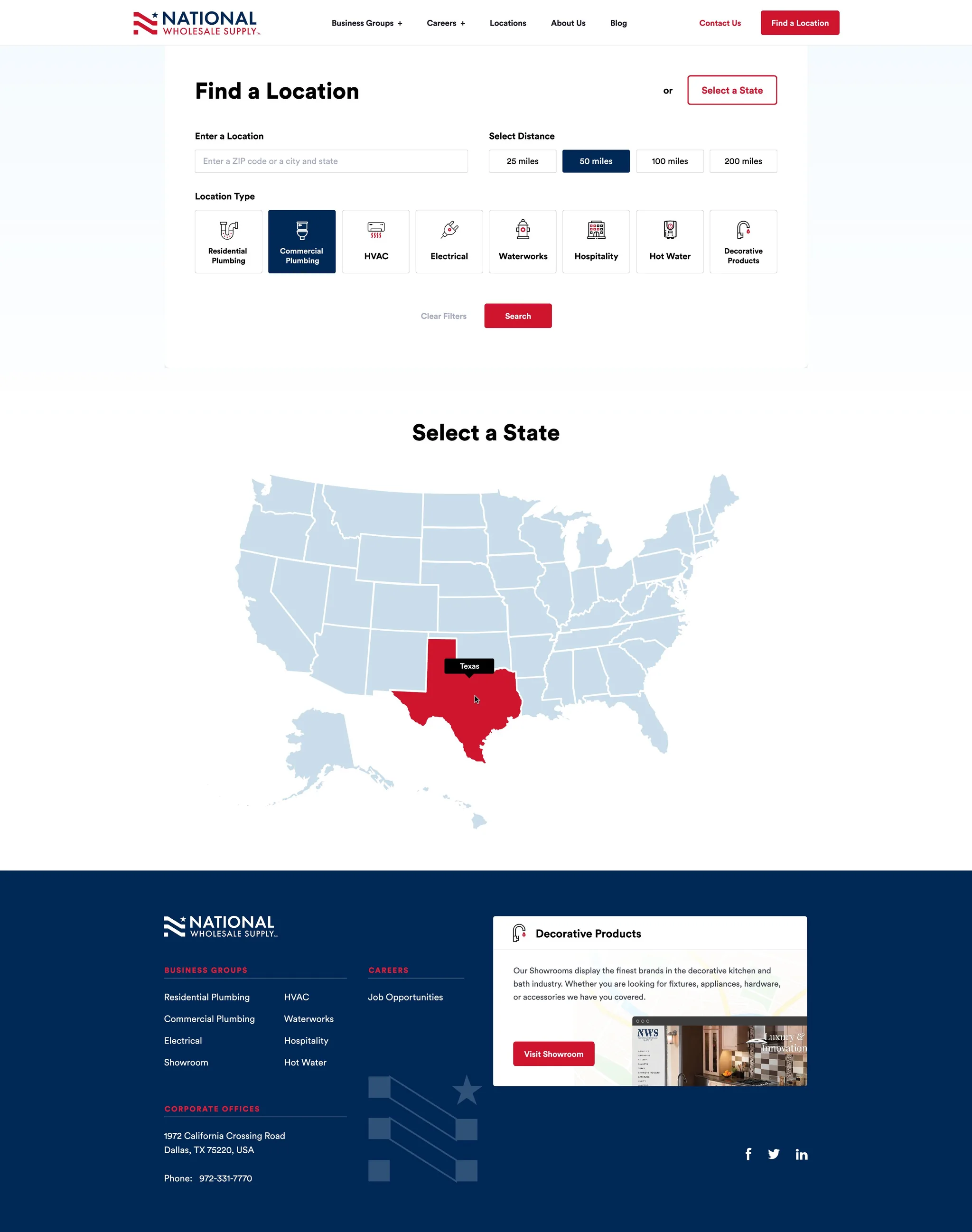National Wholesale Supply website, Find a Location page