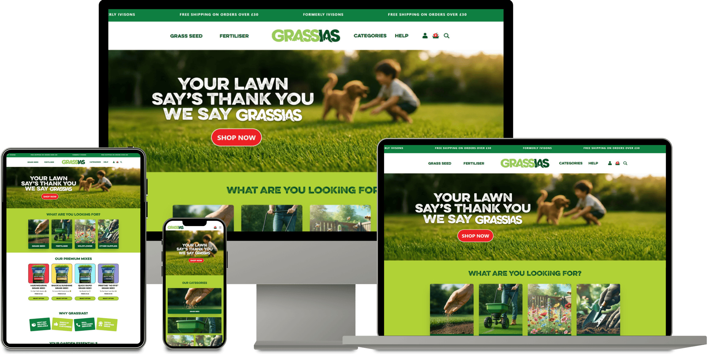 Grassias Shopify store home page shown on desktop, laptop, tablet and phone screens