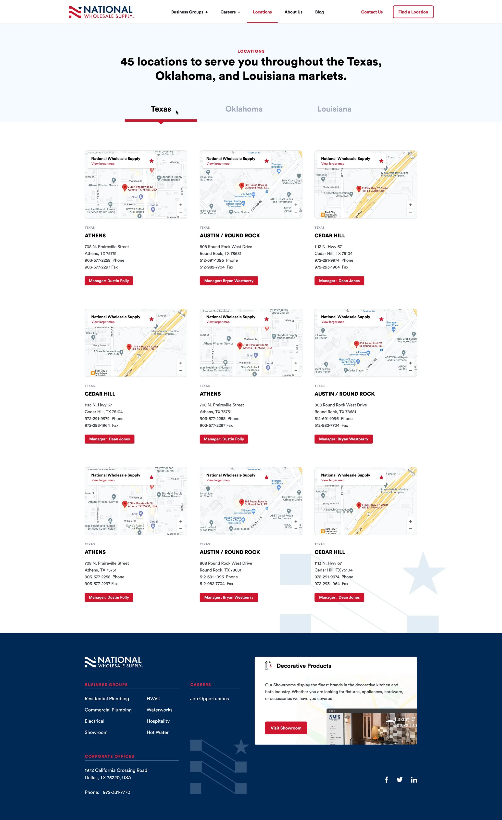 National Wholesale Supply website, Locations page