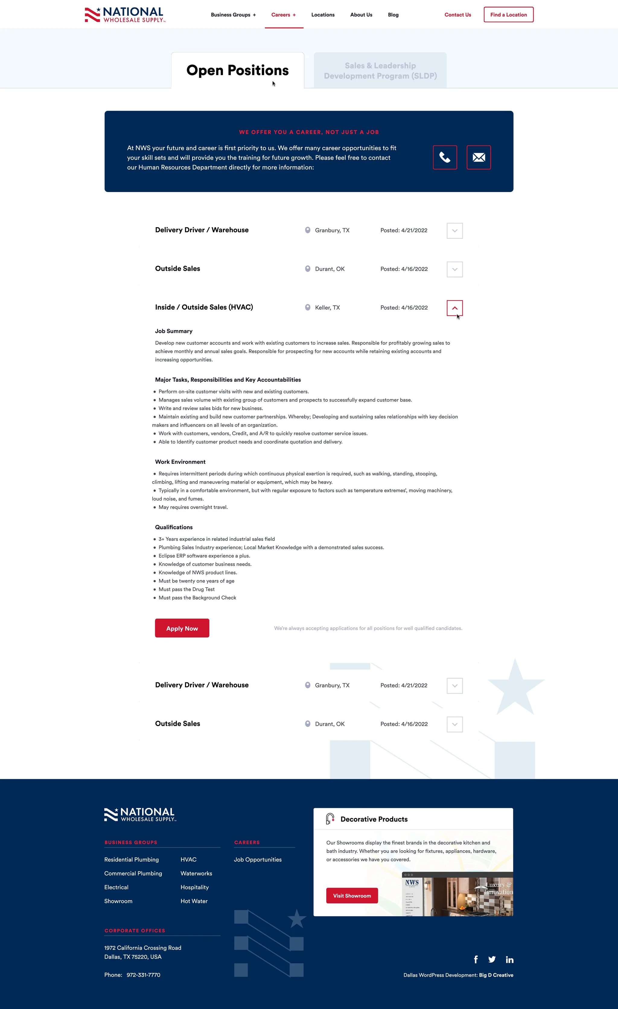 National Wholesale Supply website, Open Positions page