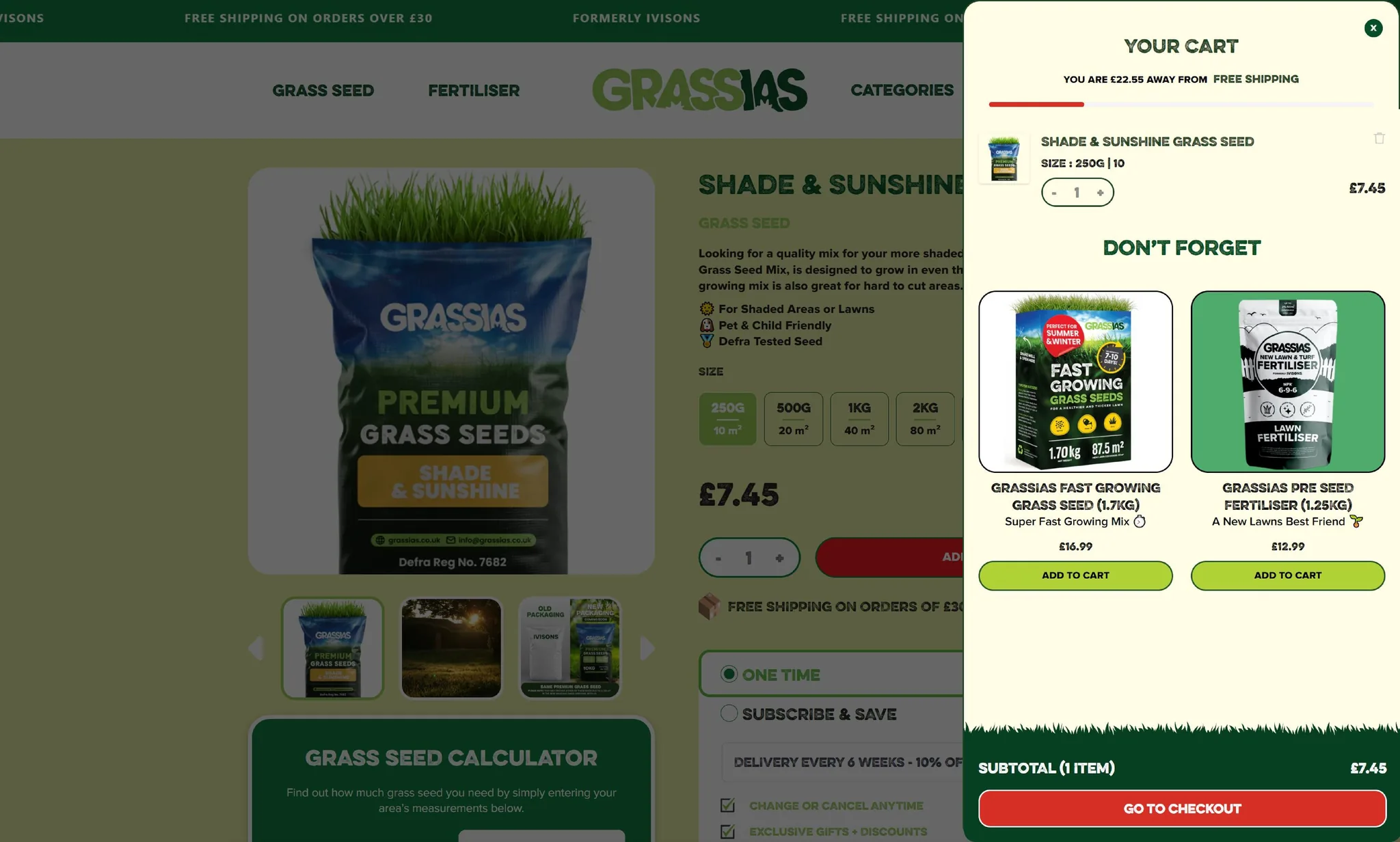 Grassias Shopify store, pop-up cart