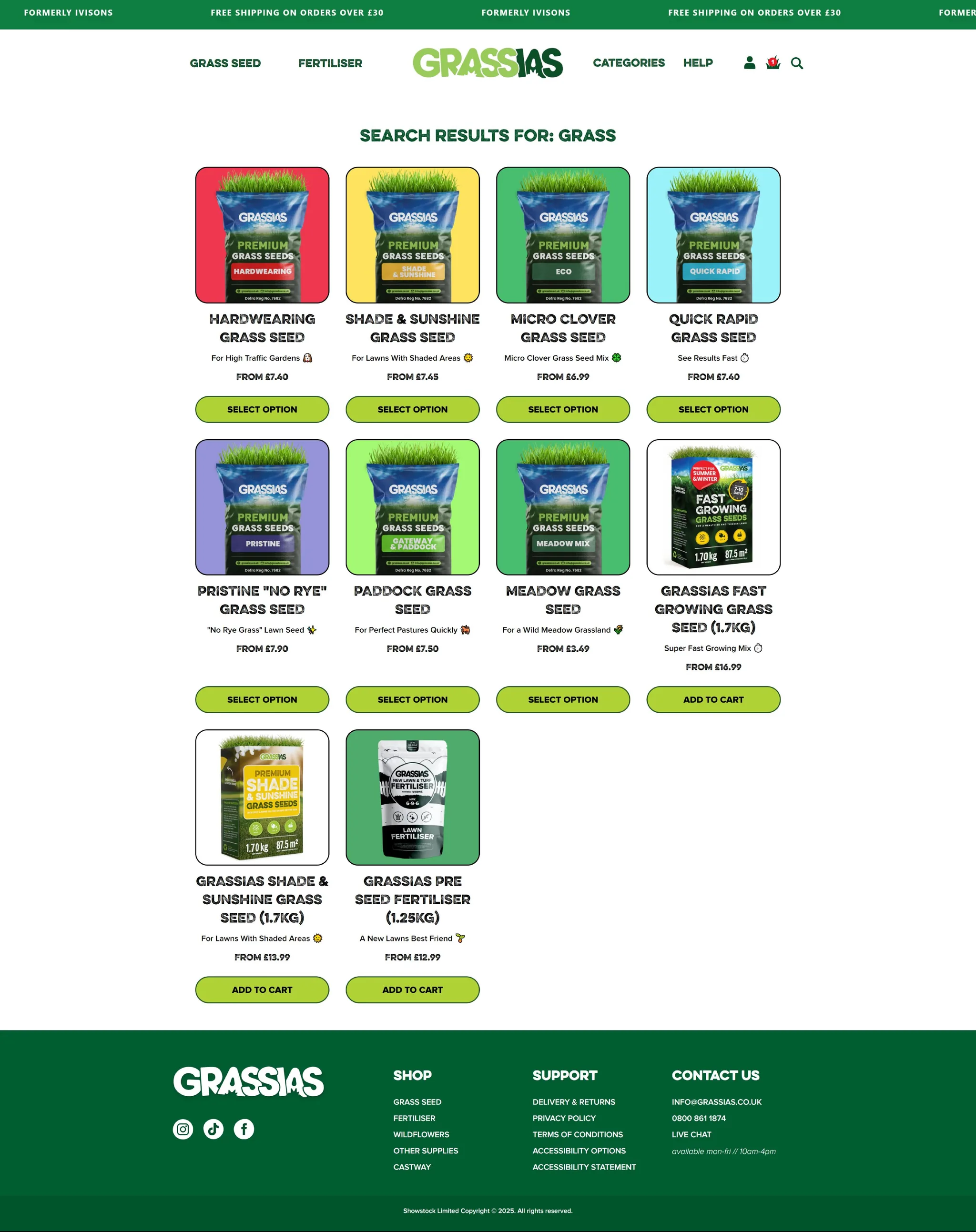 Grassias Shopify store, search results page