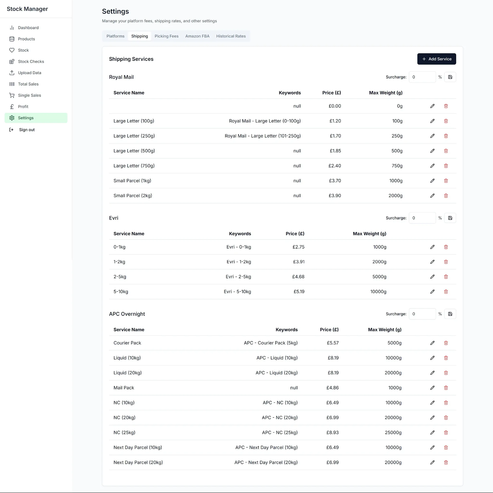 Grassias Stock Matrix, Shipping screen