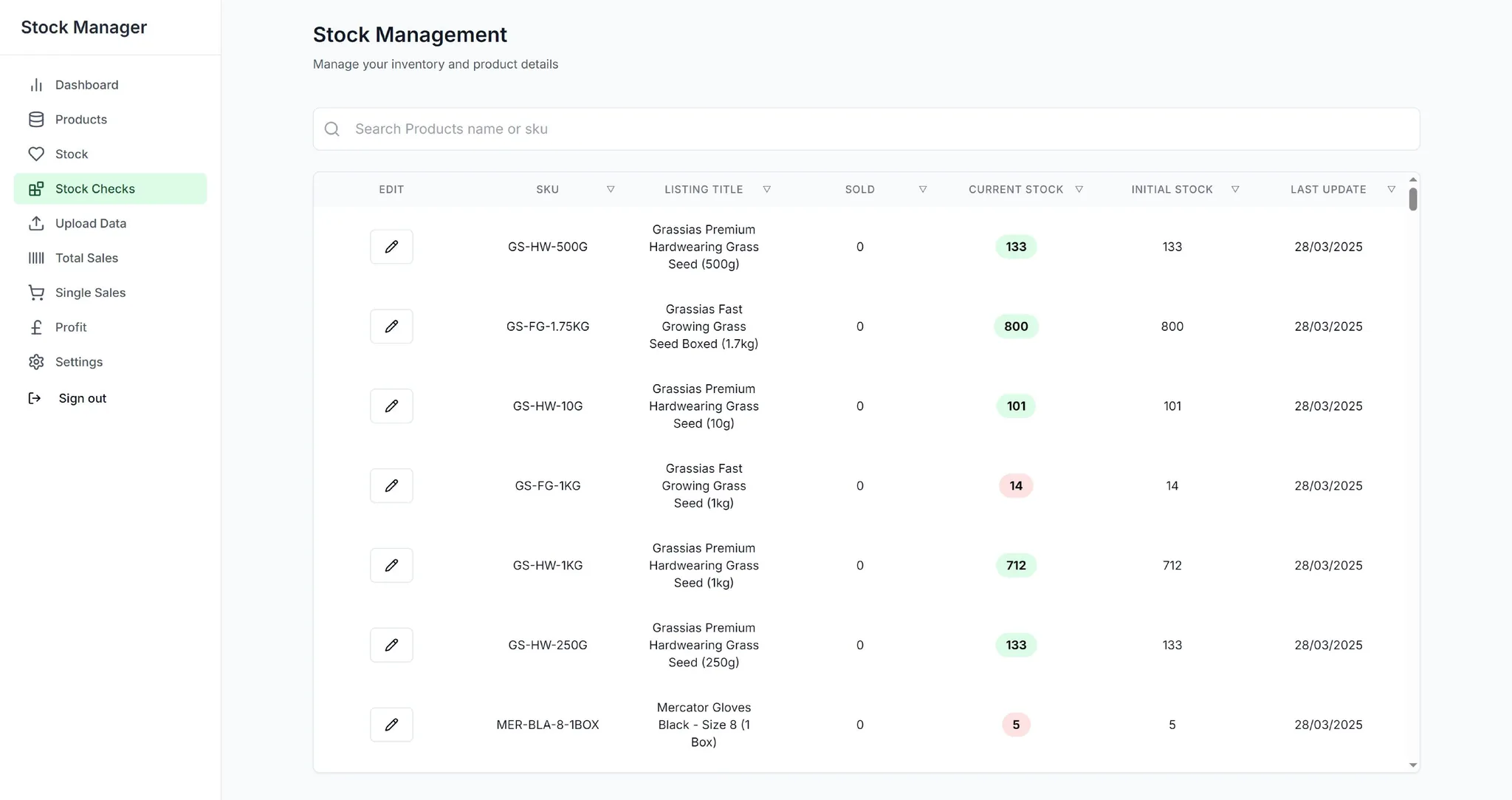 Grassias Stock Matrix, Stock Check screen