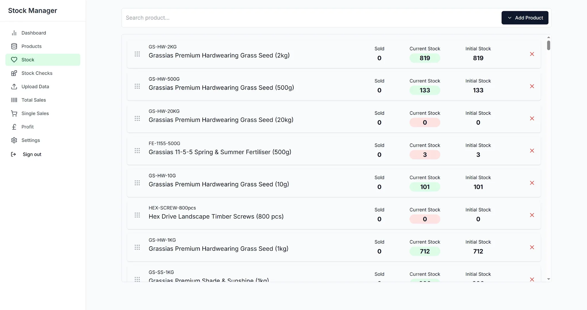 Grassias Stock Matrix, Stock screen