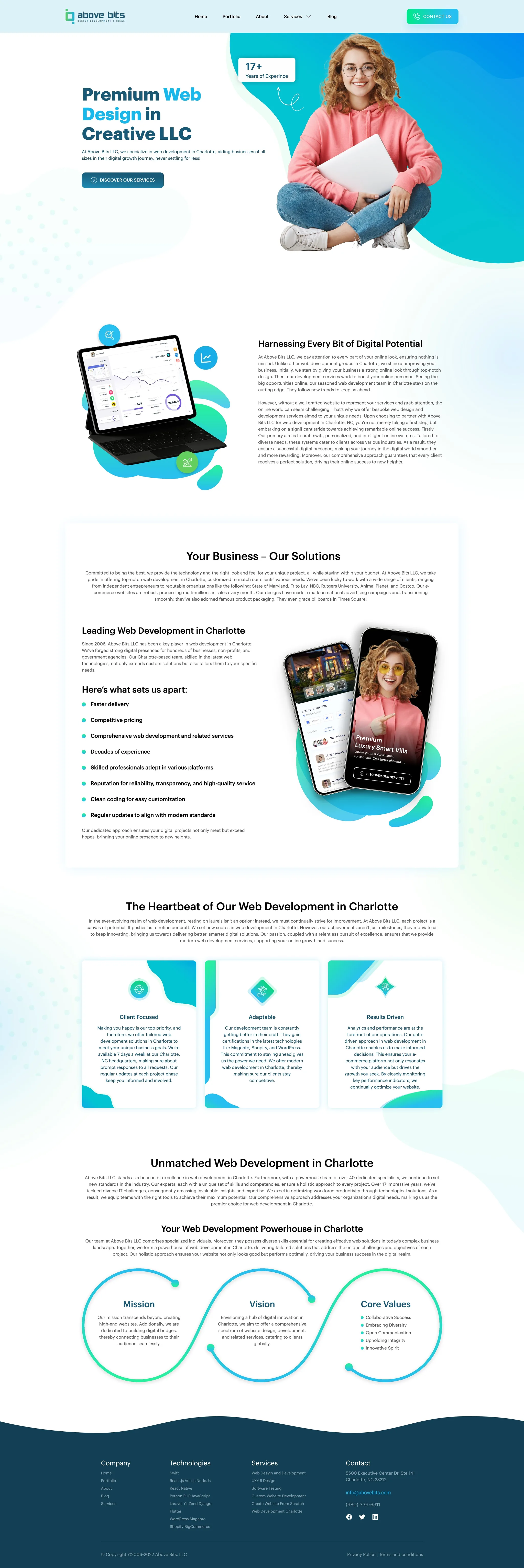 Above Bits website design, full home page